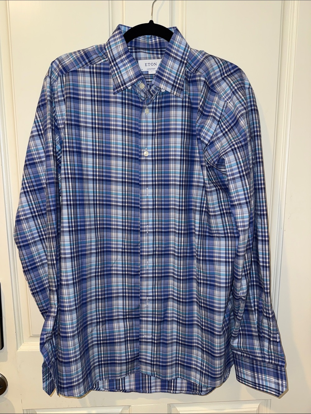 Eton Men's Blue and White Plaid Dress Shirt. 100% cotton size Large 42/16.5